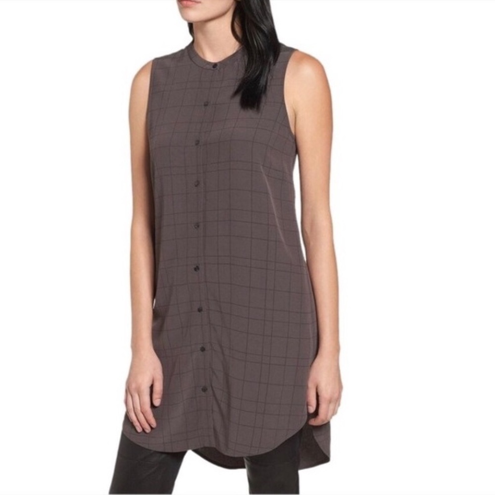 EILEEN FISHER Gray Twill Plaid Mandarin Tunic Lg